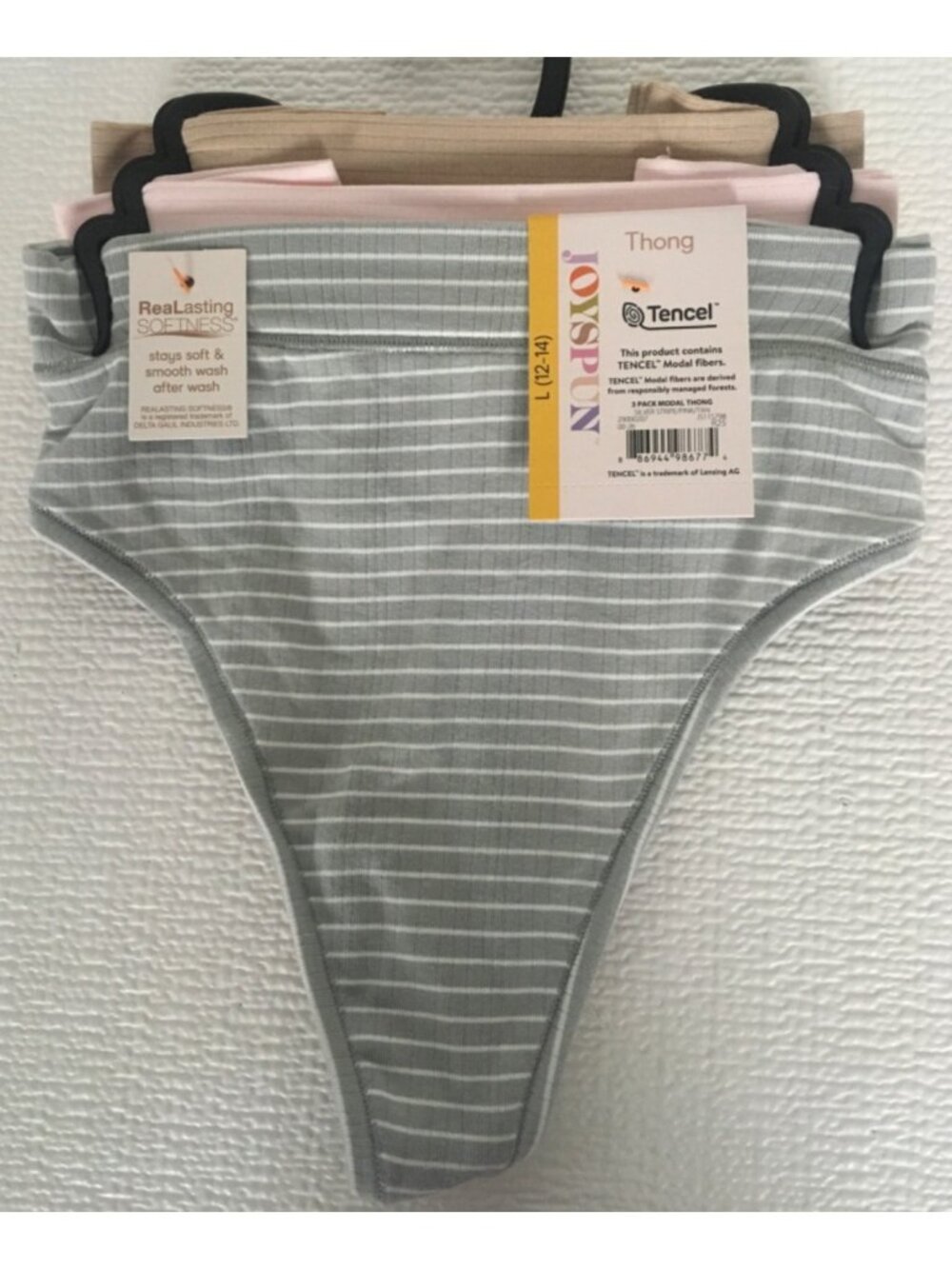 Joyspun 3 Pack Thong Underwear Size L 12 to 14 Pink Tan Gray and White New w Tag
